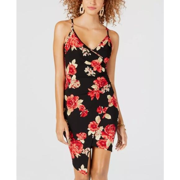 Crave Fame Black/Red Floral Faux-Wrap Sleeveless V-Neck Mini Dress Womens Size S - Picture 12 of 12